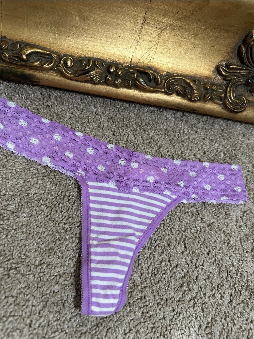 New Victoria's Secret 2011 Cotton Lingerie Low Rise Thong Size XS Purple Stripe